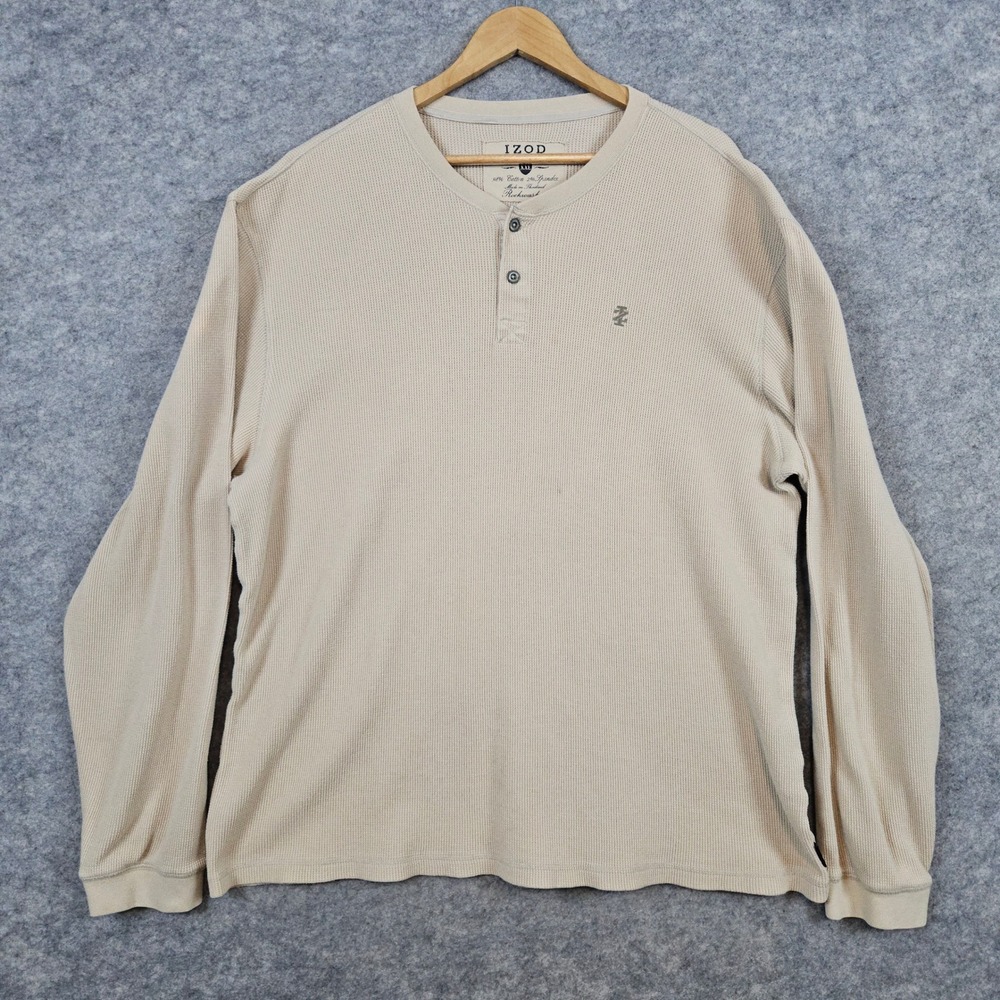 Izod Jeans Rockwashed Men's Thermal Henley Size XXL Tan Shirt Waffle Knit‎ SPOTS